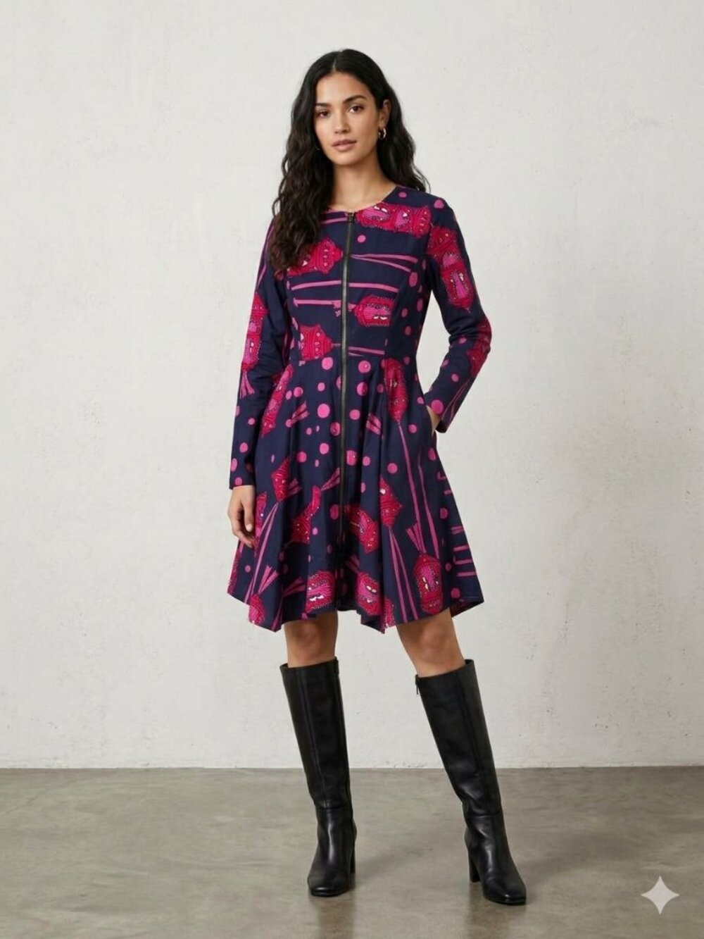 Ray Darten Olumide African Whimsical Print Jacket Dress Navy Pink Cotton M